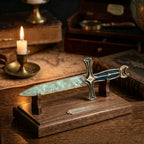 Fantasy Moon Chalice Dagger Decor Replica, Medieval Fantasy Sword Ornament with Wooden Stand, Gothic Desktop Collectible Gift