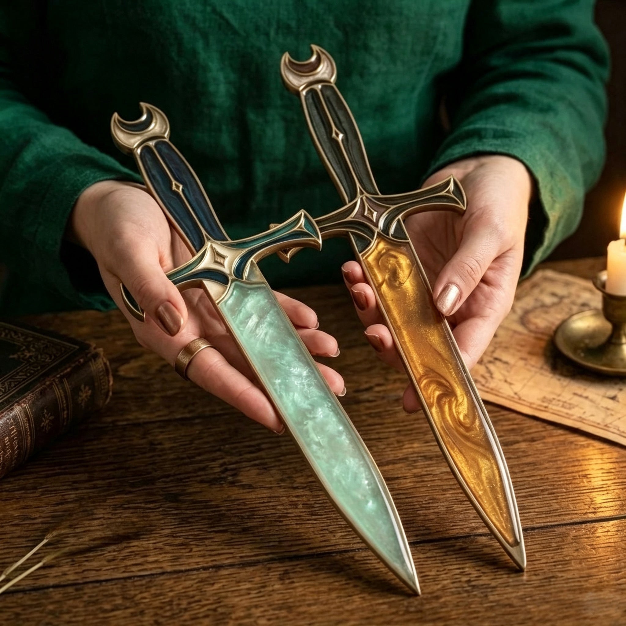 Fantasy Moon Chalice Dagger Decor Replica, Medieval Fantasy Sword Ornament with Wooden Stand, Gothic Desktop Collectible Gift