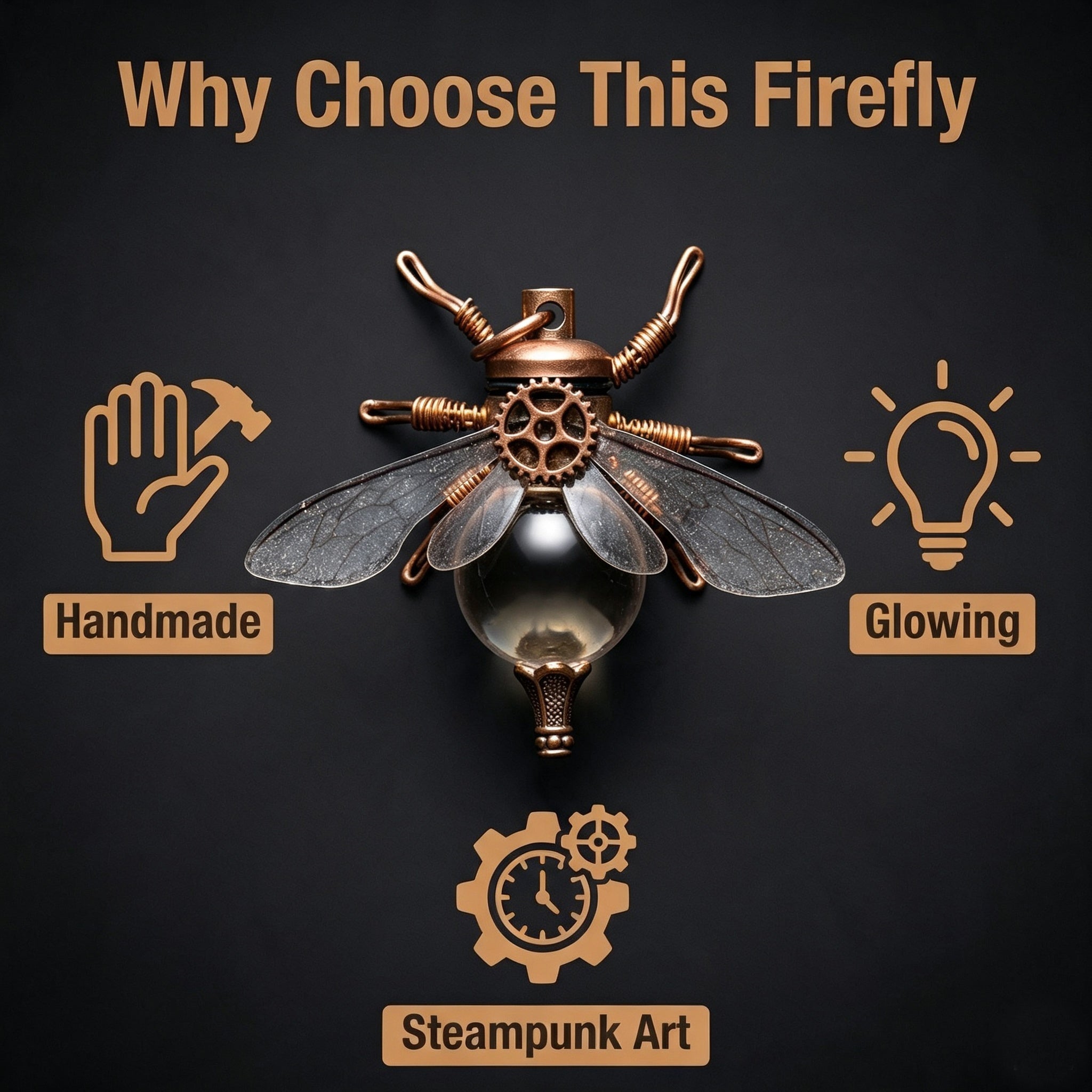 ✨ Such an amazing steampunk firefly! Gear metal body with a glowing glass orb. The moment it lights up at night, it feels like stepping into a magical secret realm🪲