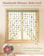 Crochet Flower Curtain Handmade Boho Finished Product Knitting Ornaments Backdrop Hanging Tassel Decoration for Home Bedroom Wall Door Window Floral String Colorful Ready to Use(GreenL)