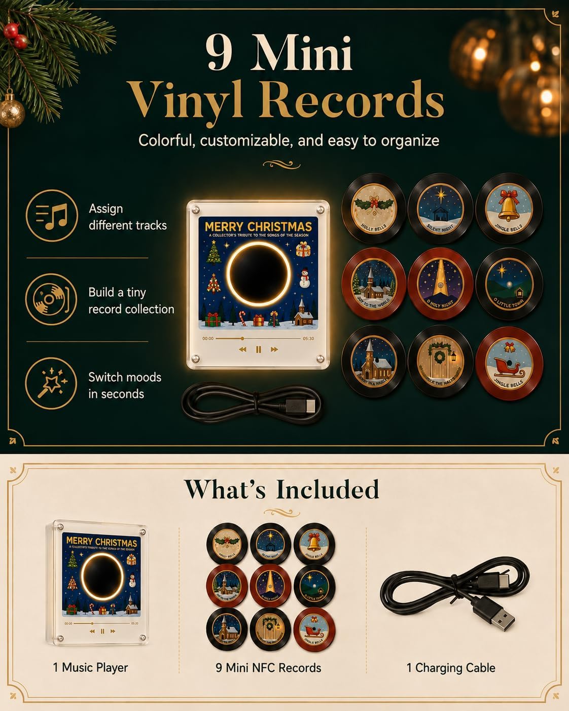 🎁 The Ultimate Christmas Gift for Music Lovers! NFC Music Player with 9 Mini Vinyl Records – Tap to Play Your Favorite Holiday Tunes Instantly 🎄💿✨