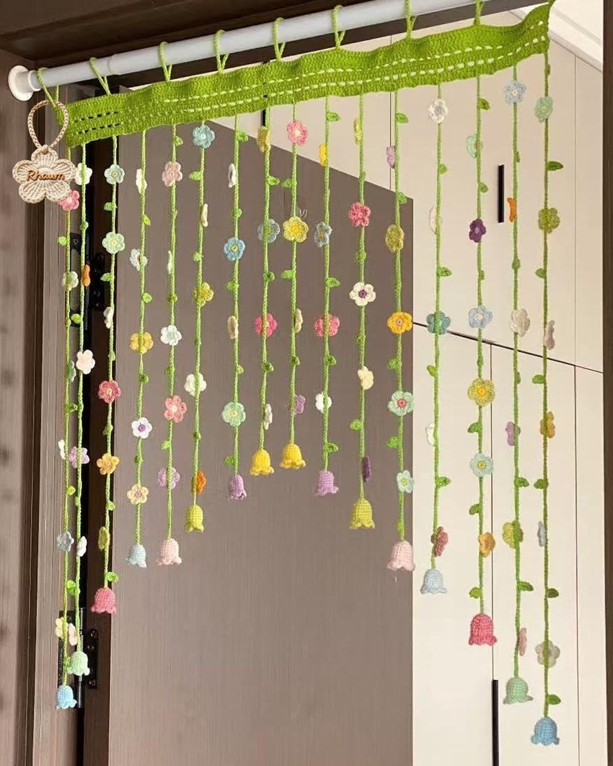 Crochet Flower Curtain Handmade Boho Finished Product Knitting Ornaments Backdrop Hanging Tassel Decoration for Home Bedroom Wall Door Window Floral String Colorful Ready to Use(GreenL)