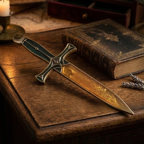 Fantasy Moon Chalice Dagger Decor Replica, Medieval Fantasy Sword Ornament with Wooden Stand, Gothic Desktop Collectible Gift
