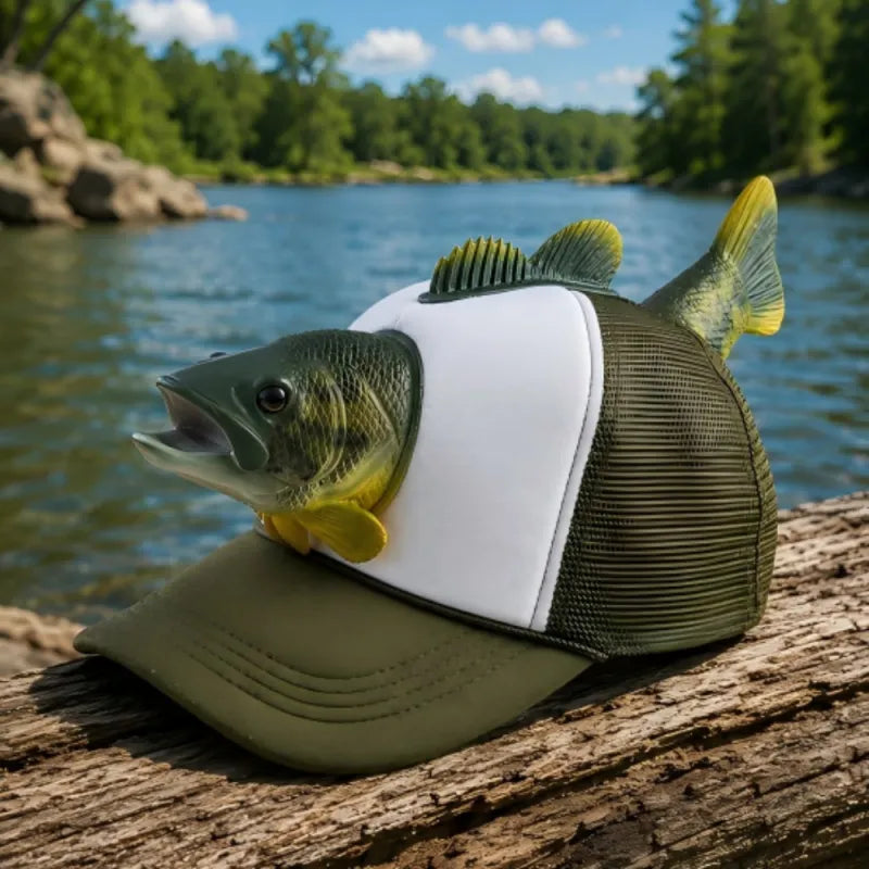 Novelty 3D Bass Fish Trucker Hat, Funny Fishing Cap, Unique Bass Fisherman Gift, Outdoor Angler Headwear